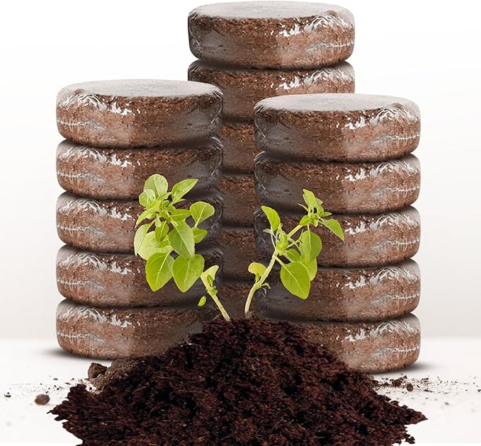 16 Pack Expanding Organic Fiber Soil, Amazing Potting Soil for Indoor Plants & Herbs. Soil Discs Made from Coco Coir. Expands to Fit 3” and 4” Pots.