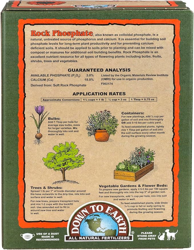 Down To Earth All Natural Fertilizers Organic Rock Phosphate - Calcium Phosphate Plant Food for Flower Beds and Vegetable Gardens 0-3-0, 5 lb