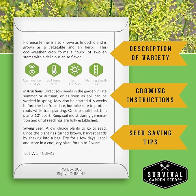 Fennel Seed for Planting - 5 Packets with Instructions to Grow Cool-Weather Florence Fennel (Finnochio) in Your Home Vegetable Garden - Non-GMO Heirloom Variety - Survival Garden Seeds