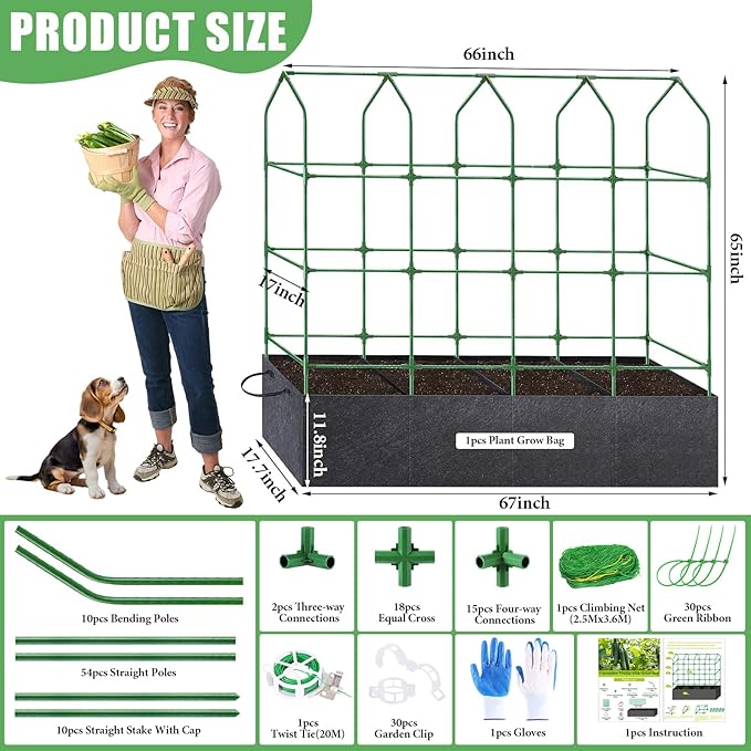 66x65x18 Inch Cucumber Trellis for Raised Bed - with 61 Gallon Grow Bags, Garden Trellis for Climbing Plants Outdoor with Climbing Net and Plant Support for Cucumber, Tomato, Vegetable, Grape, Vine