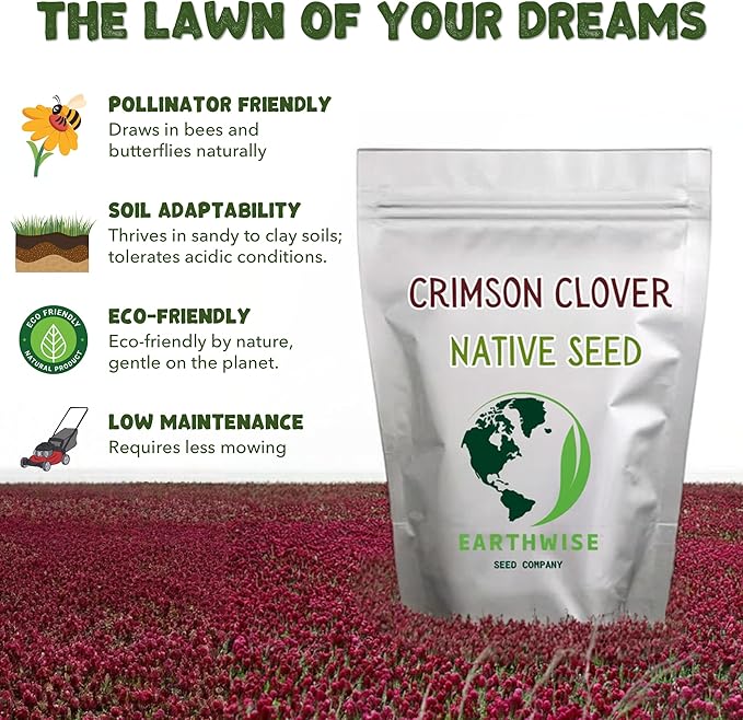 Earthwise Crimson Clover Seed (Trifolium Incarnatum) – 1 lb Bag – Covers Up to 1,000 sq ft – Over & Over Variety