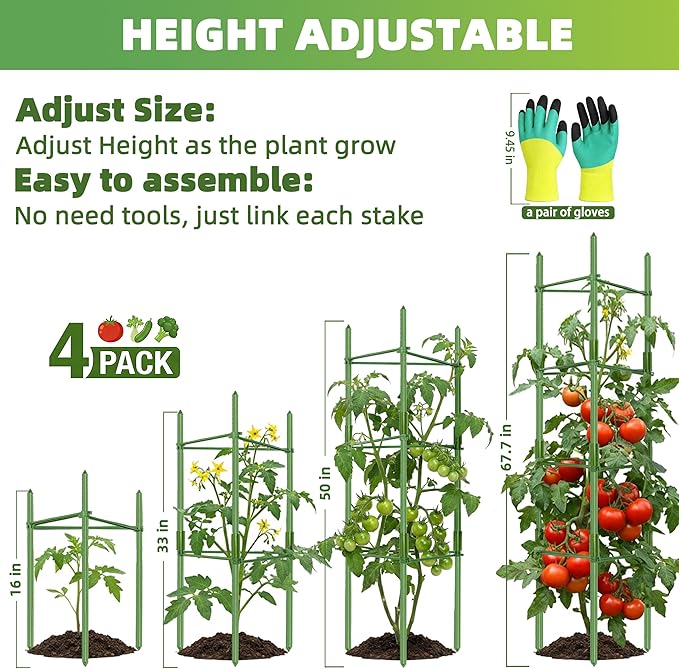 6-Pack Tomato Cage for Garden Plant Support 48 INCH Garden Stakes Adjustable Tomato Cage for Climbing Plants Pots Vegetables Flowers Fruits (6, 48 Inches)