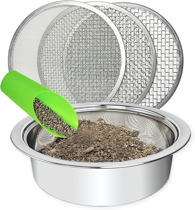 Soil Sifter for Gardening, Stainless Steel Sifting Pan Dirt Sifter, 9.5in Rock Sifter with 3 Sieve Mesh Filter Sizes