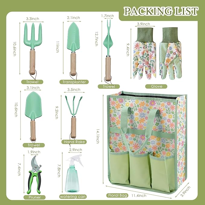 Gardening Tools 9-Piece Heavy Duty Gardening Hand Tools Set (Green), Stainless Steels and Reinforced Garden Supplies Kit, Durable Garden Tools Organizer Handbag, Ideal Garden Gifts for Women