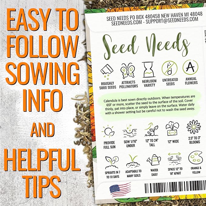 Seed Needs Calendula Seeds Pacific Beauty Mix | 5,000+ Seeds Calendula Officinalis Non-GMO Annual | Large Orange Yellow Blooms Garden Variety Favorite | Bulk Wildflower Seed