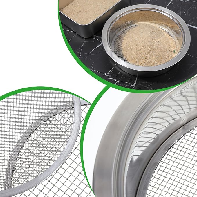 Soil Sieve Set Garden Soil Sifter Stainless Steel Mesh Sifter, 5 Sieve Set for Gardening with 8" Diameter 1/3/6/9/12mm Interchangeable Meshes, Includes Shovel for Potting, Planting