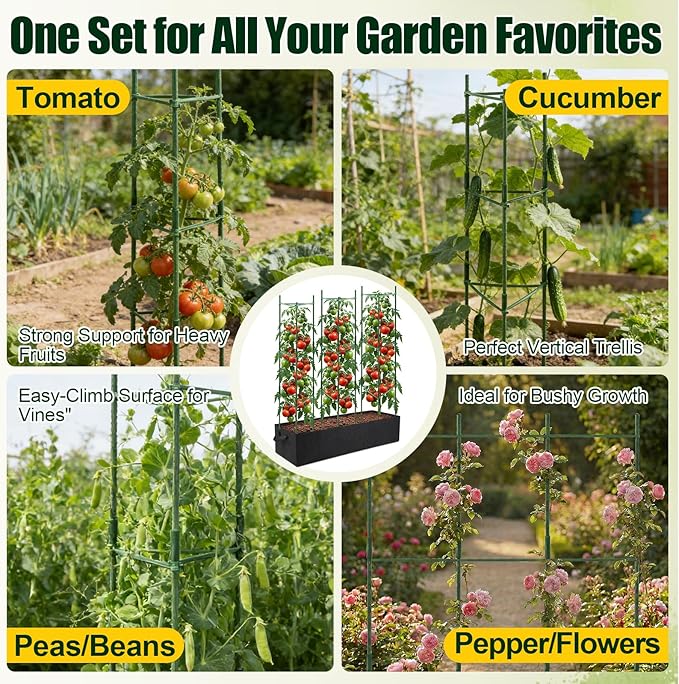3-Pack Tomato Cages with 57 Gallon Raised Garden Bed - 48" Anti Collapse Heavy Duty Plant Support Trellis for Climbing Vegetables Plants Flowers ,Adjustable Vertical Tomato Trellis for Garden Balcony