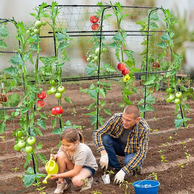 Cucumber Trellis for Raised Bed, 5x5ft Metal Garden Trellis Climbing Plants Outdoor Tomato Plant Support Grape Vegetables Squash Bean Pea Cucumber Trellis, with Netting, Black
