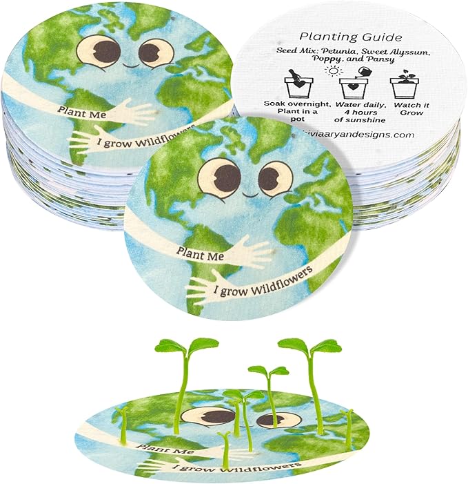 ShiviAaryan Designs 25 Plantable Seed Paper Cards- Earth Circles with Wildflower Seeds, Craft Activity, Educational Garden Party Favor, School Crafts - 2.5 inch