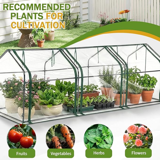 Outvita Mini Greenhouse, Outdoor 9'x3'x3' UV Protected 2-Layer PVC Cover Plant Hot House for Flowers, Seed and Vegetables Protection with Roll-up Zippered Doors for Patio Balcony Backyard