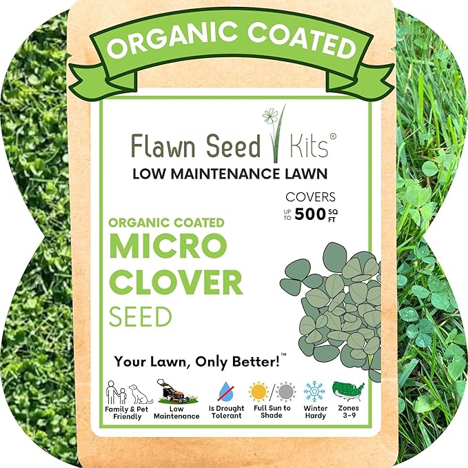 Flawn Seed Kits Micro Clover Seed, 2.2 Oz, Organic Coated, Eco-Friendly, Low Growing, Low Maintenance, Lawn Alternative, Compostable Pouch, Covers Up to 500 Sqft