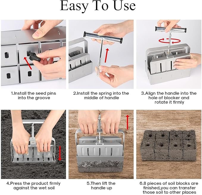 Soil Blocker with A Seedling Tray 8 Cell 2 Inch Soil Block Maker Handheld Block Maker with 3 Sizes Seed Pins Garden Blocking Tools for Seedings, Cuttings, Greenhouses