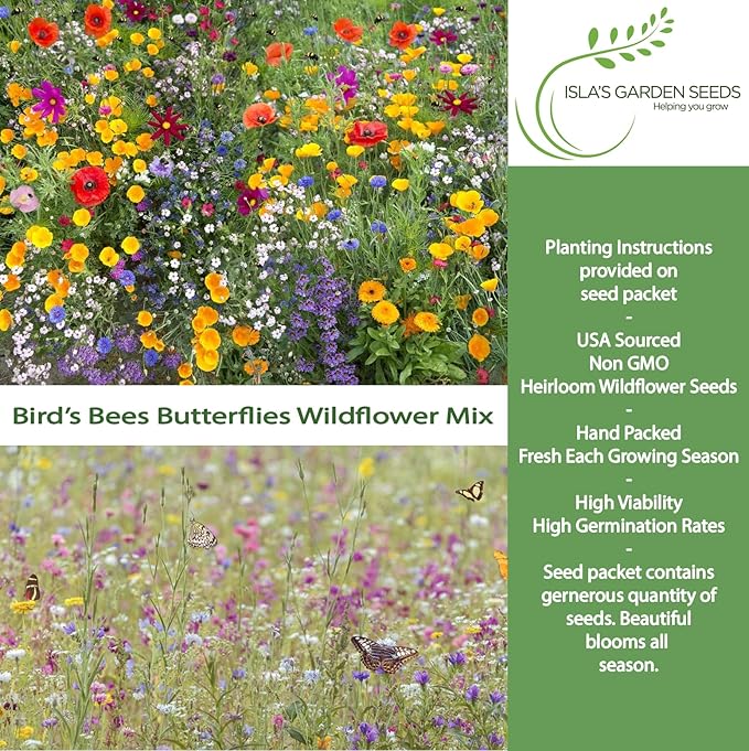 Birds, Bees & Butterflies Wildflower Mix – 500+ Seeds/PK by Isla’s Garden Seeds, Colorful Variety of Pollinator-Friendly Blooms, Supports Local Wildlife, Perfect for Garden Beds, Borders & Meadows