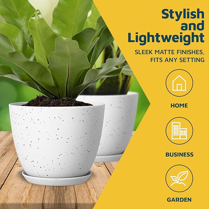 White Gray Plant Pots with Drainage Holes & Saucers 15 Pack, Indoor & Outdoor Stackable Space-Saving Planters for Houseplants & Flowers, (7", 6.7", 6", 5.3", and 4.8" Inches), Durable & Weatherproof