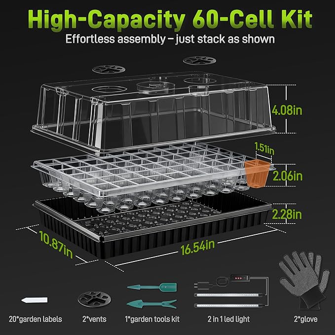 60-Cell Seed Starter Tray with Grow Light, Seedling Starter Trays with 4.08" Humidity Dome, Self-Watering Plant Germination Trays,Seed Starter Kit for Seeds Growing (Black)