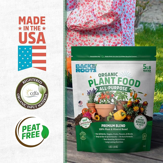 Back to The Roots Organic All-Purpose Plant Food (5 lb. Value Size), Premium Blend, Safe & Sustainable Vegan Formulation Made with Kelp and Alfaalfa Meal, Mycorrhize, and Rock Phosphate Minerals