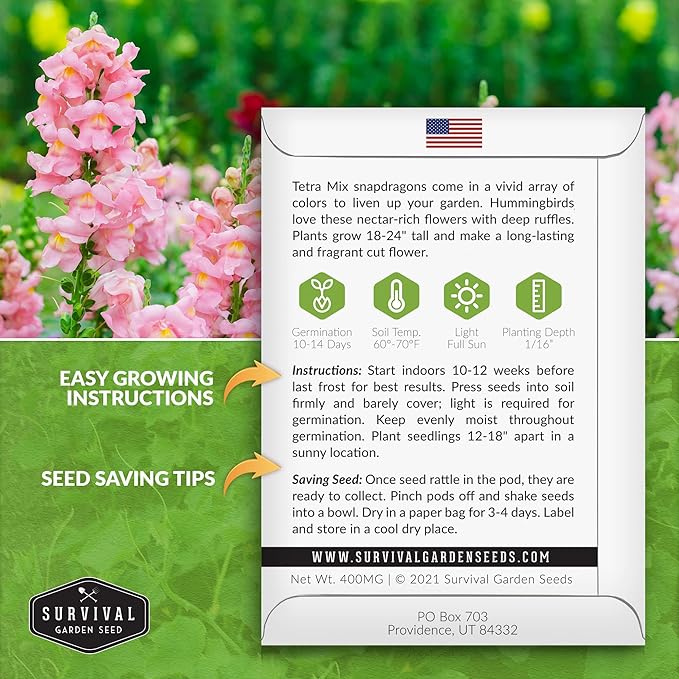 Survival Garden Seeds - Snapdragon Tetra Mix Seed for Planting - Packet with Instructions to Plant and Grow Beautiful Colorful Flowers in Your Home Vegetable Garden - Non-GMO Heirloom Variety
