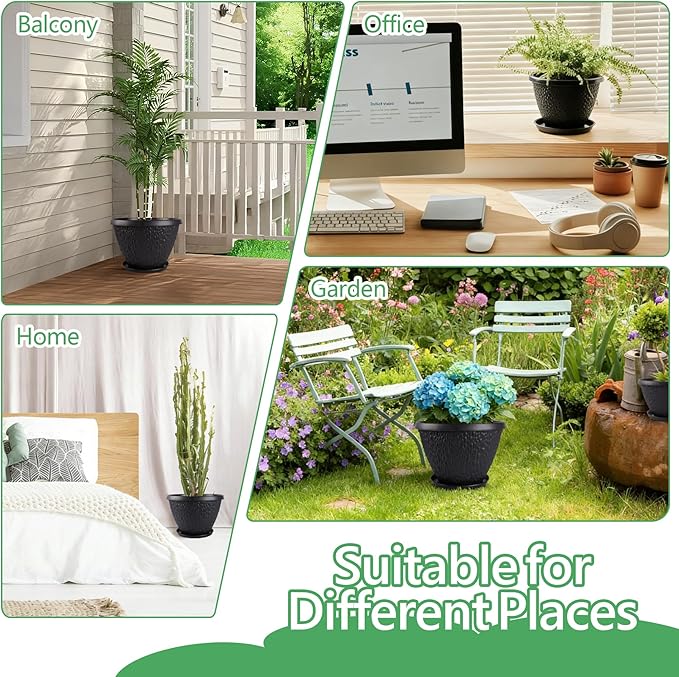 4 Pack 8 inch Plant Pots for Outdoor Indoor, Durable Flower Pots with Drainage, Indoor Outdoor Planters for Herbs Flowers (Black Pebbles Design)