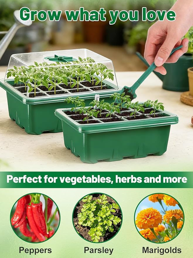 Apipi 5 Pack Seed Starter Kit with 60 Coco Coir Pellets - 60 Cell Seed Starter Trays with Domes for Indoor Greenhouse Germination, Home Gardening System for Vegetables/Herbs/Flowers