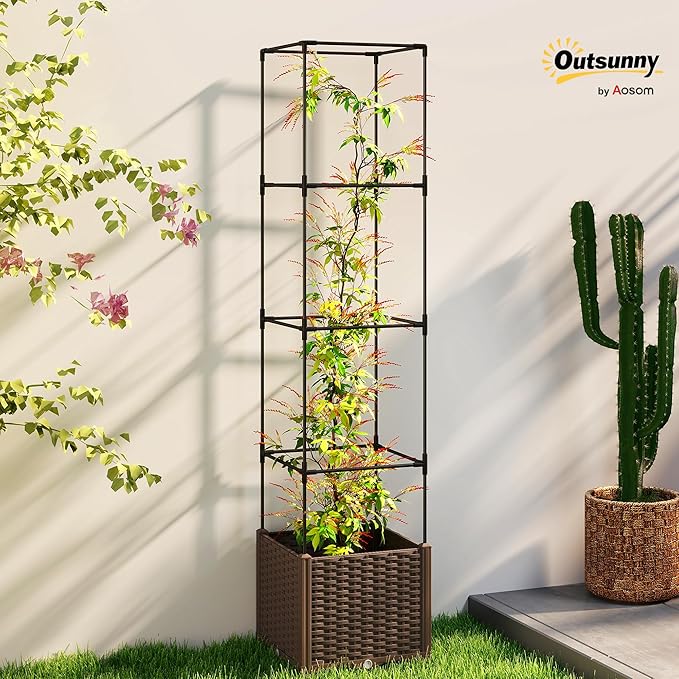 Outsunny Raised Garden Bed with Trellis, 71.7" Tomato Cage with Lockable Wheels, Self Watering Outdoor Planter Box with Drainage Holes and Plugs for Climbing Plants, Vines, Vegetables, Flowers, Brown