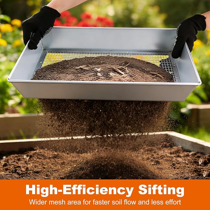 cyrico Soil Sifter for Gardening 2 Pack, 17.5 x 11.5 Inch Large Compost Sifter, Heavy Duty Metal Garden Sieve with 1/4 & 1/8 Inch Mesh Screens, Sifting Pan Tray for Rock, Dirt, Gravel, Sawdust, Sand