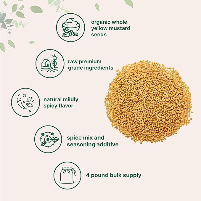 Organic Whole Yellow Mustard Seeds, 4 lb (64 oz) | Premium Grade Seeds | Mild & Raw Mustard Flavor | Great for Pickling, Spice Blends & Seasoning | Non-GMO, Bulk Supply