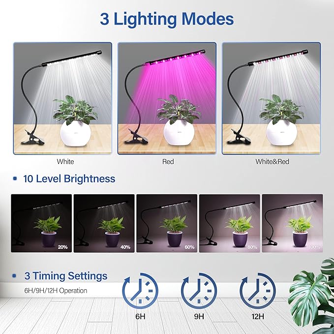 iPower Full Spectrum LED Grow Light for Indoor Plant Growing Lamp with Adjustable Gooseneck, Auto On/Off Timer 6/9/12H, 1 Tube, White