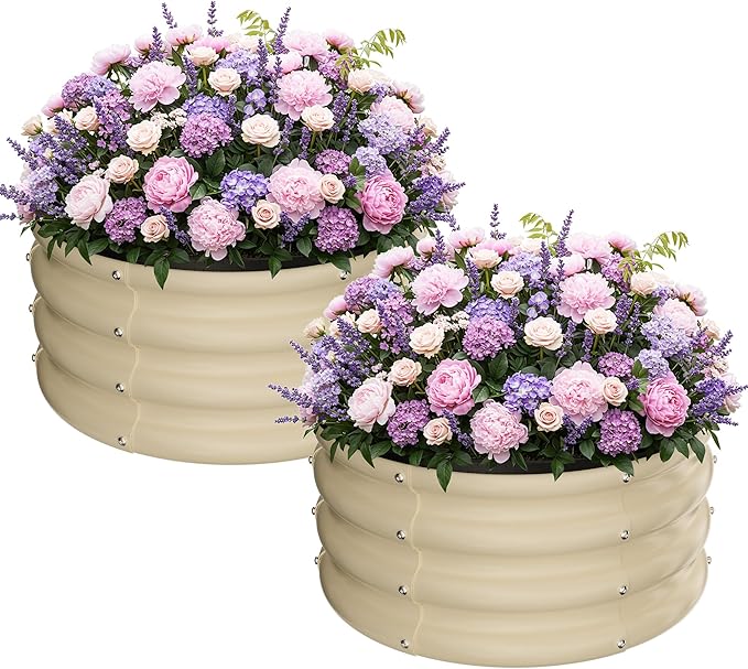 ZXZYHFTY Raised Garden Bed, 0.6 mm Galvanized Steel Round Planter Box with Open Bottom, White, 2 x 2 x 1 FT, 2 Pack