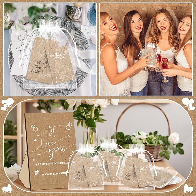 Ireer 101 Set Let Love Grow Wedding Favors for Guests Include 1 Wooden Sign 100 Self Adhesive Seed Packets Kraft Paper Seed Envelopes 100 Let Love Grow Cards 100 Bags for Guest Bridal Shower (Kraft)