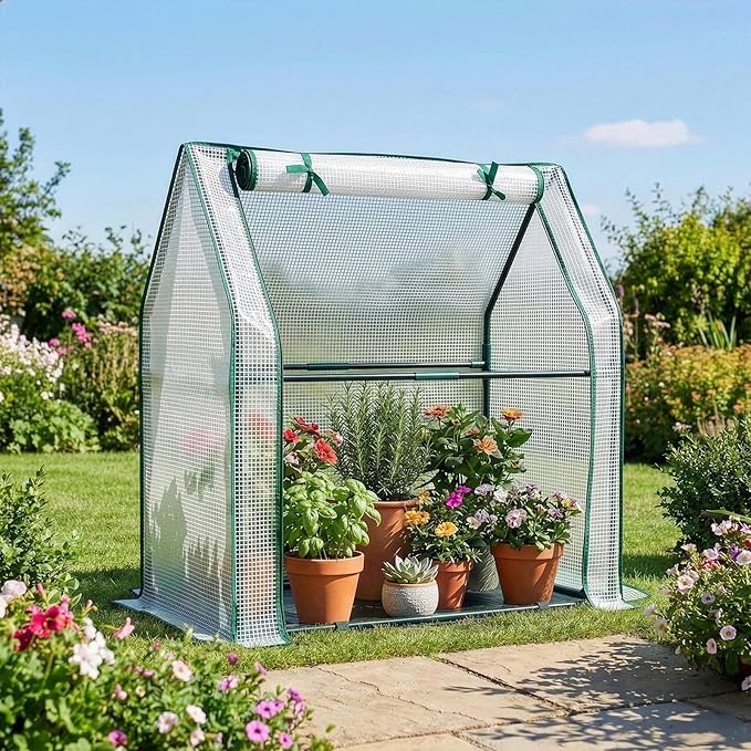 Outvita Mini Greenhouse, Outdoor 3'x3'x3' UV Protected 2-Layer PE Cover Plant Hot House for Flowers, Seed and Vegetables Protection with Roll-up Zippered Doors for Patio Balcony Backyard