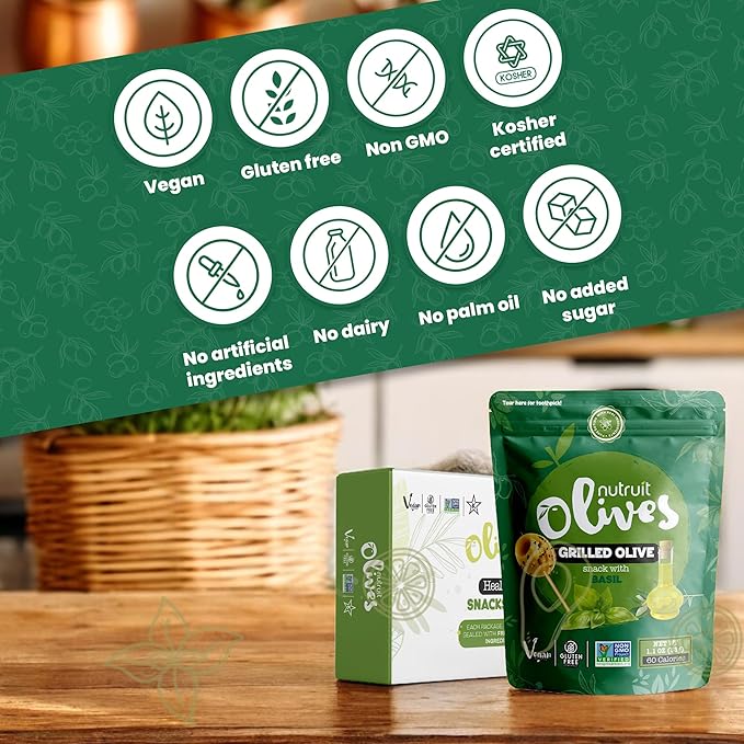 Nutruit Olives Snacks - Pitted Grilled Olives with Basil - Fresh Aegean Green Olives - Vegan, Non-GMO, Gluten Free, Kosher, Paleo, Sugar Free - Comes with Wooden Stick - 1.2oz (20-Pack)
