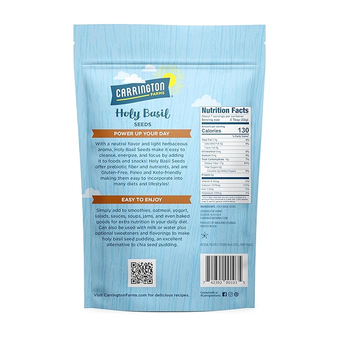 Carrington Farms Holy Basil Seeds – Gluten Free, Paleo, Keto, High Fiber Seeds – Calcium Packed Daily Nutrition Boost, Add into Favorite Recipes (8 oz)