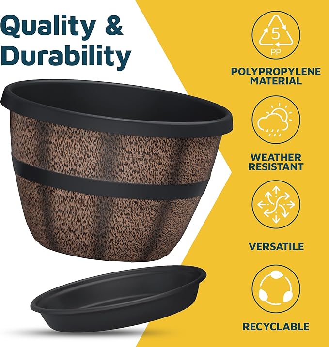 10-Inch Whiskey Barrel Planters Outdoor Pack of 6, Plastic Decoration Plant Pots for Indoor & Outdoor Use with Drainage & Saucer, Rustic Garden Planters for Flowers, Small Plants & Herbs