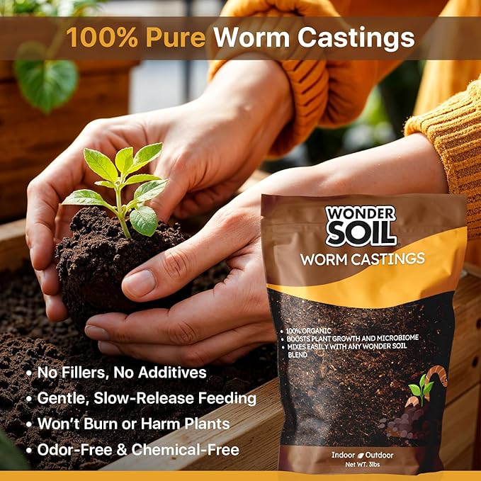 WONDER SOIL | Premium Organic Worm Castings for Plants | 3 lbs (2 Quarts) Bag Natural Soil Amendment for Indoor & Outdoor Plants, Vegetables, Flowers, Gardens | Fertilizer & Compost Enhancer | 3LBS
