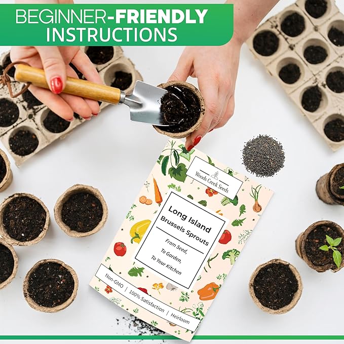 Woods Creek Seeds: Long Island Brussel Sprouts Seeds for Planting - Over 900 Heirloom Non-GMO Brussels Sprouts Seed Pack for Fall & Winter Gardens - Brussel Sprout Seeds for Indoor & Outdoor Garden