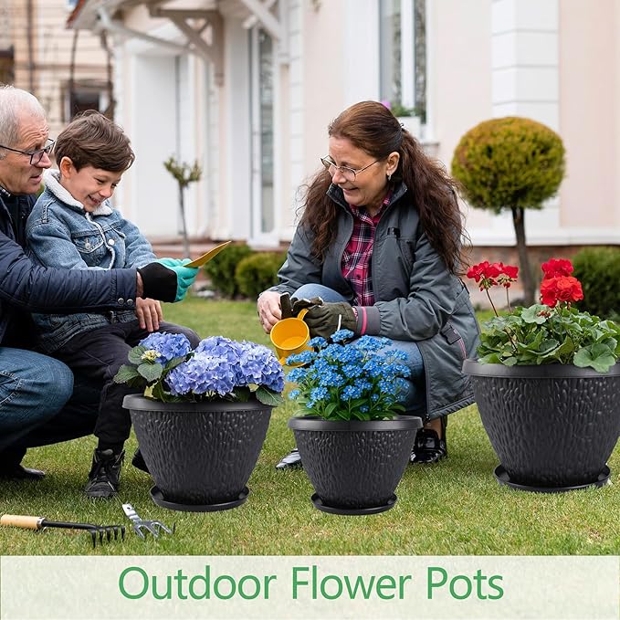 4 Pack 8 inch Plant Pots for Outdoor Indoor, Durable Flower Pots with Drainage, Indoor Outdoor Planters for Herbs Flowers (Black Pebbles Design)