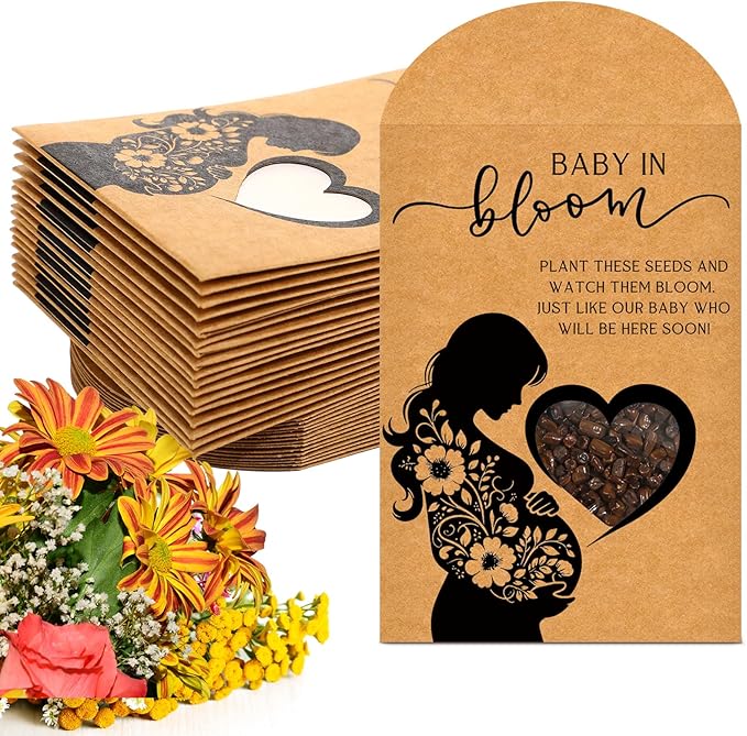 Fumete 50 Pack Baby in Bloom Seed Packets Baby Shower Party Favor for Guest Envelopes Kraft with Clear Window Resealable Seed Organizer Storage Bag for Gender Reveal Party, No Seeds(Mom Flower)
