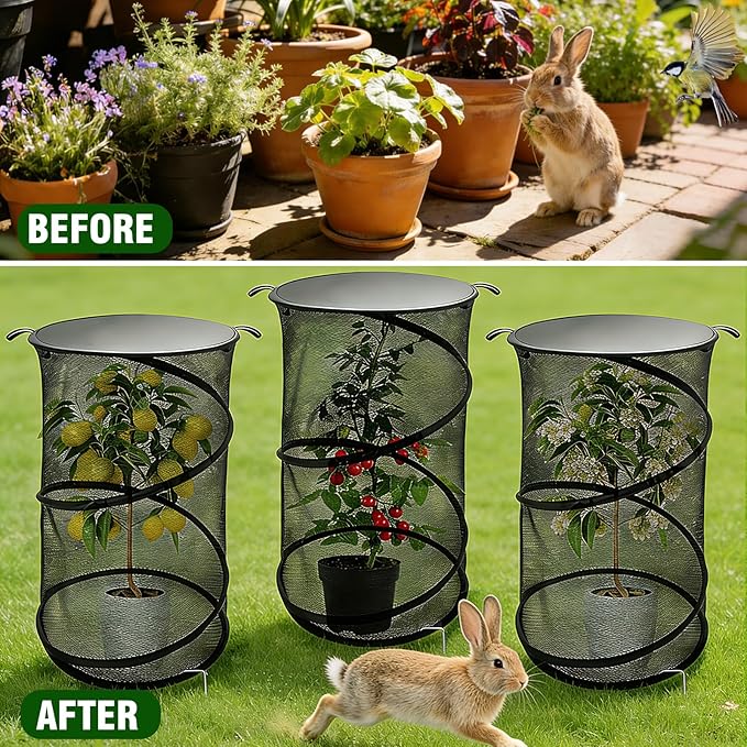 MDEOOSKY 4 Pack Pop Up Plant Covers Tent with Lid, 23.6"x11.8" Round Insect & Bird Barrier Mesh, Garden Protector Cage with 16 Ground Stakes, Foldable for Outdoor & Indoor Plants, Black