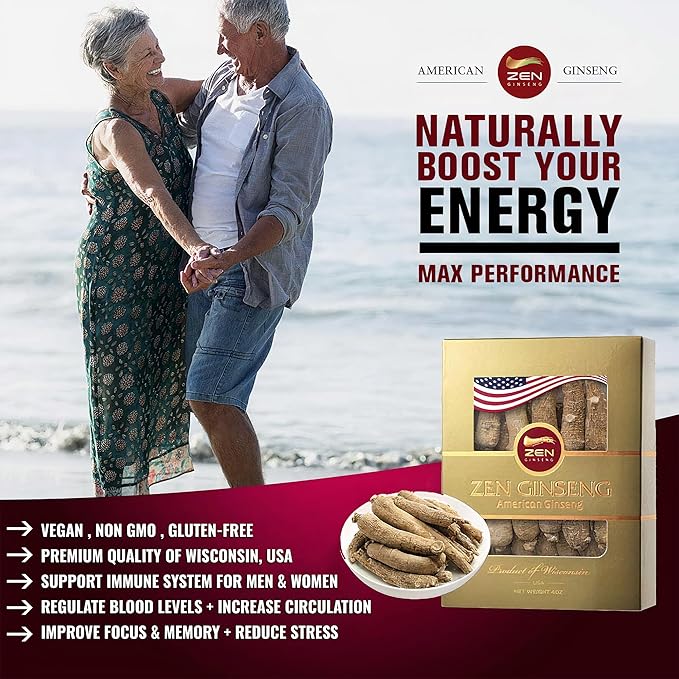 1 Box of American Wisconsin Ginseng Super Long Jumbo Root (4oz) Performance & Mental Health for Men & Women