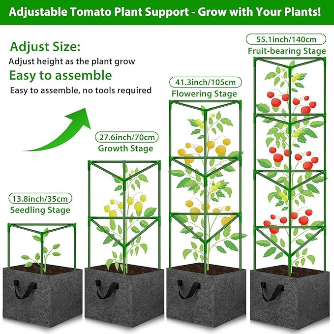 Tomato Cages for Garden with 3 Grow Bags 10 Gallons, 3 Pack Metal Tomato Cage Trellis, Garden Cage Heavy Duty Tomato Stake Support