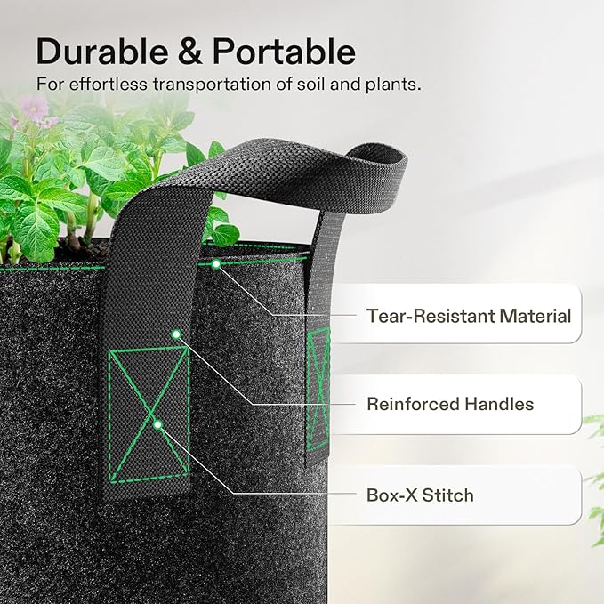 VIVOSUN 5-Pack 1 Gallon Heavy Duty Thickened Nonwoven Fabric Pots Grow Bags with Handles