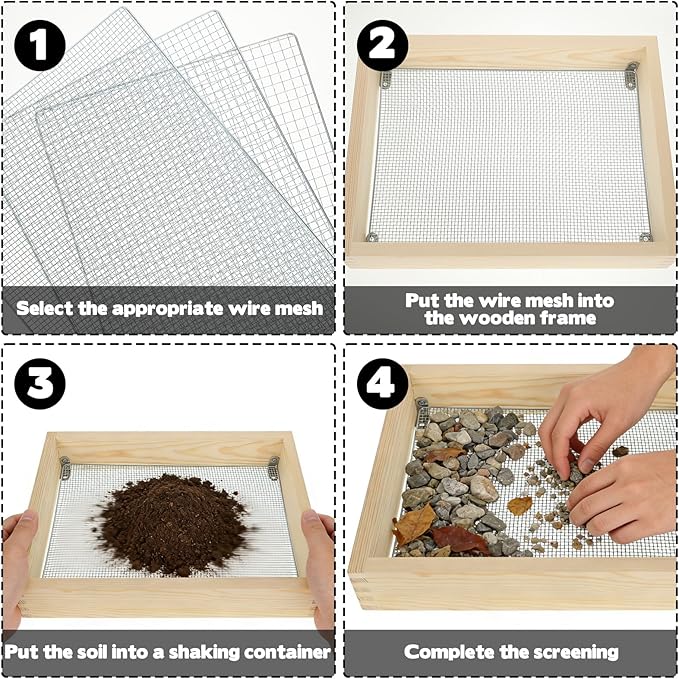 Wood Dirt Sifter for Gardening Compost Rock with 3 Interchangeable Filter Mesh Sizes 4 6 8 mm