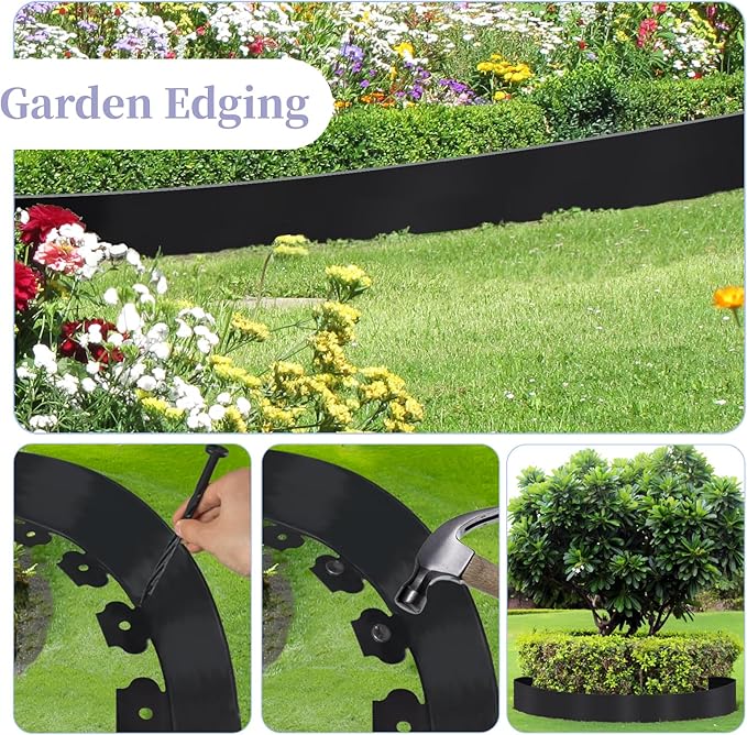 Garden Edging, 30ft Black Landscape Edging, 30 Spikes for Lawn 4 Inch Tall