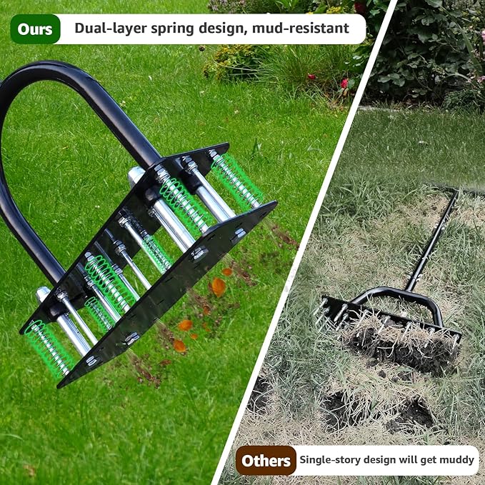 Lawn Aerator, Automatic Dirt and Leaf Clean Design, Heavy Duty Manual Lawn Aerator Tool with 15 Iron Spikes, Height Adjustable, Yard Grass Aerator for Lawn(Black)