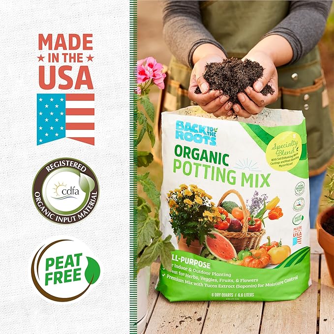 Back to The Roots All-Purpose Potting Mix 6 Quarts (Best Value), 100% Organic & USA Made for Herbs, Veggies, Flowers, w/Nutrient Rich Plant Food, Worm-Castings, & Moisture Controlling Yucca, 2 Packs