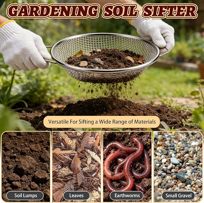 5PCS Soil Sifter, Gardening Soil Sifter with Handle Rock Compost Sifting Screen for 5 Gallon Buckets Garden Metal Sieve Strainer with Shovel 2,4,6,8,10mm Mesh Sizes Remove Stone Fine Gravel Sand Dirt