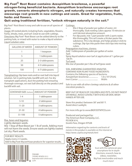 Big Foot Probiotic Root Boost Water Soluble Powder For Established Plants and Transplants - GROW ROOT SIZE, Increase Nitrogen, Grow New Plants from Cuttings, Pea Inoculant - 2 Ounces