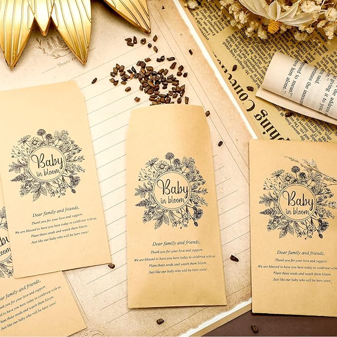 Fumete 50 Pcs Baby Shower Seed Packet Self Adhesive Kraft Envelopes Baby in Bloom Seed Storage Packets Mini Kraft Retro Paper Organizer for Gender Reveal Party, No Seeds(Black Flower)