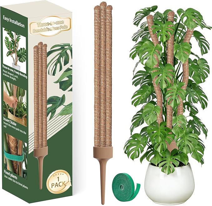 Three in one Bendable Monstera Moss Pole, 30IN Tall Moss Pole Monstera Plant Support for Indoor Plants, Coir Pole Plant Stakes for Climbing Plants, Pothos, Philodendron-1 Pack