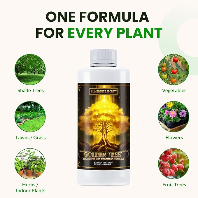 Humboldts Secret Golden Tree: Best Plant Food for Plants & Trees - All-in-One Concentrated Organic Additive - Vegetables, Flowers, Fruits, Lawns, Roses, Tomatoes & More (2 Ounce)